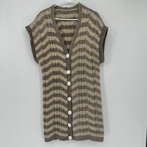 Womens Large Brown Beige Striped Knit Cardigan Cap Sleeve Button Front Sweater